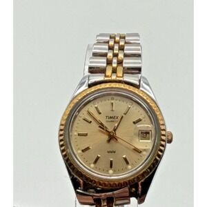 Timex‎ Quartz Watch Gold Silver Tone Date 377 Cell 6.5" Wrist Runs